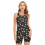 Black Daisy Floral Pattern Print Sleeveless One Piece Swimsuit