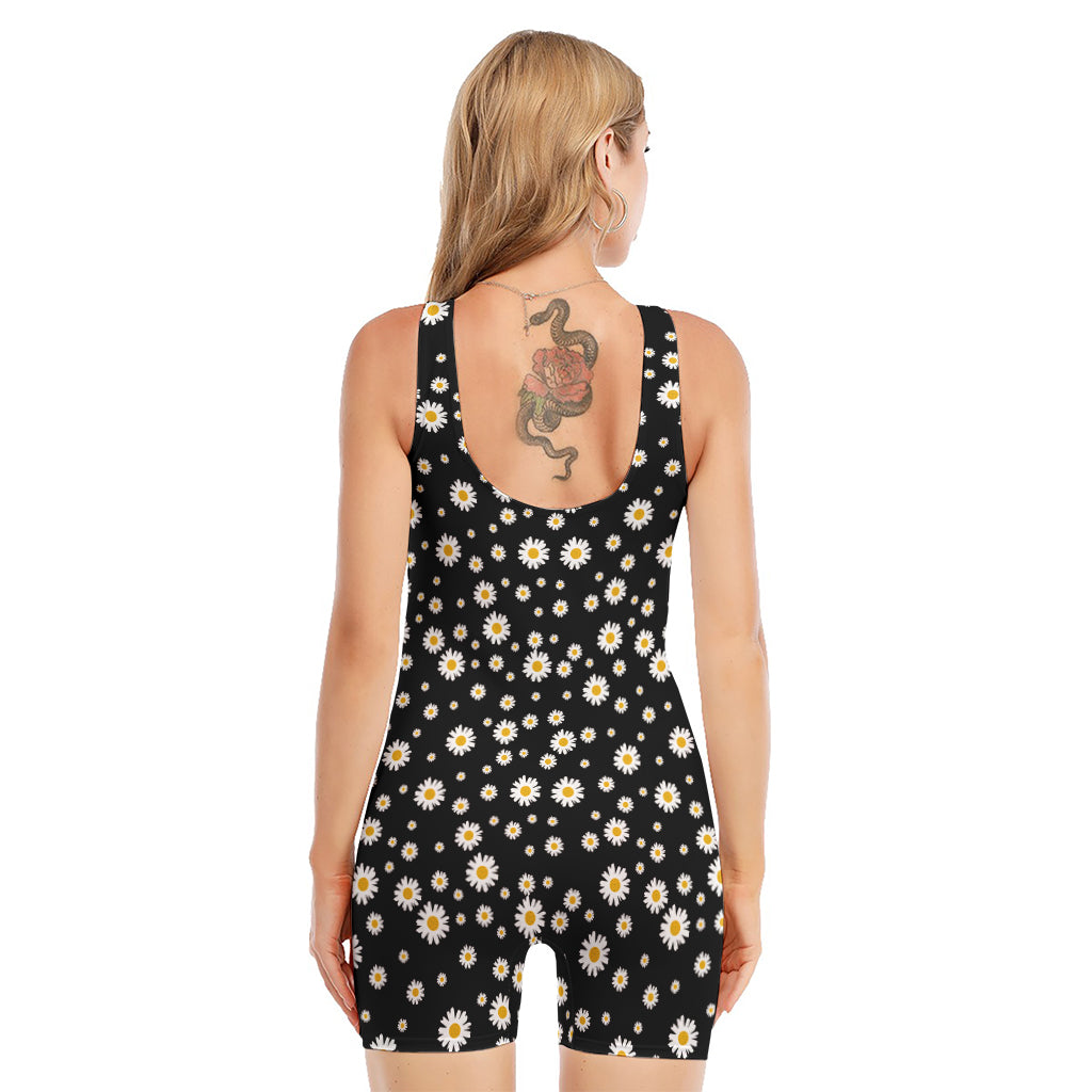 Black Daisy Floral Pattern Print Sleeveless One Piece Swimsuit