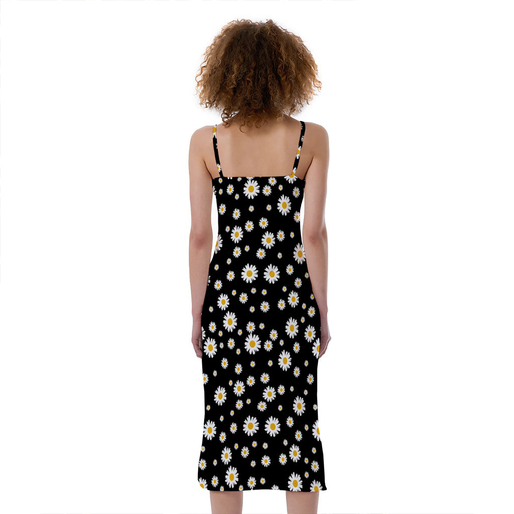 Black Daisy Floral Pattern Print Slim Fit Midi Cami Dress