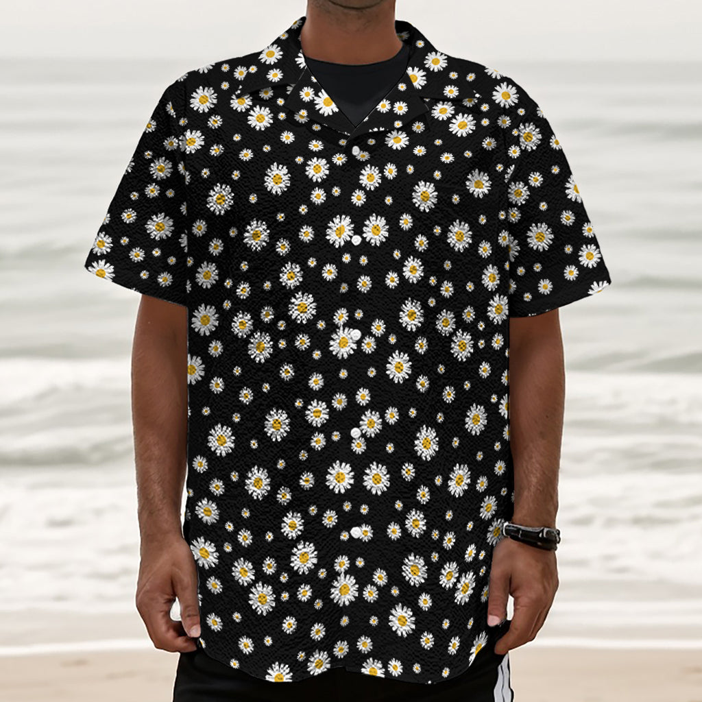Black Daisy Floral Pattern Print Textured Short Sleeve Shirt