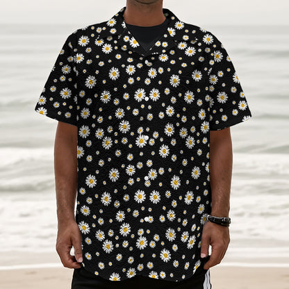 Black Daisy Floral Pattern Print Textured Short Sleeve Shirt