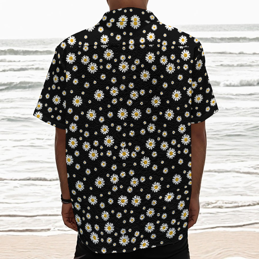 Black Daisy Floral Pattern Print Textured Short Sleeve Shirt