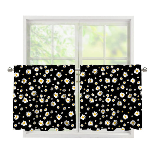 Black Daisy Floral Pattern Print Tier Curtains