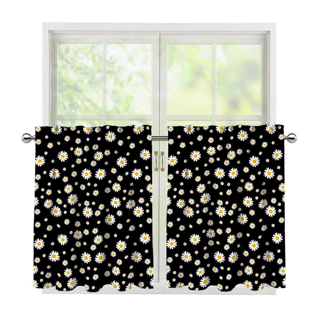 Black Daisy Floral Pattern Print Tier Curtains