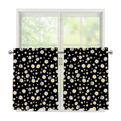 Black Daisy Floral Pattern Print Tier Curtains