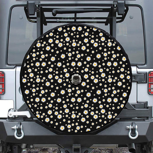 Black Daisy Floral Pattern Print Tire Cover With Camera Hole