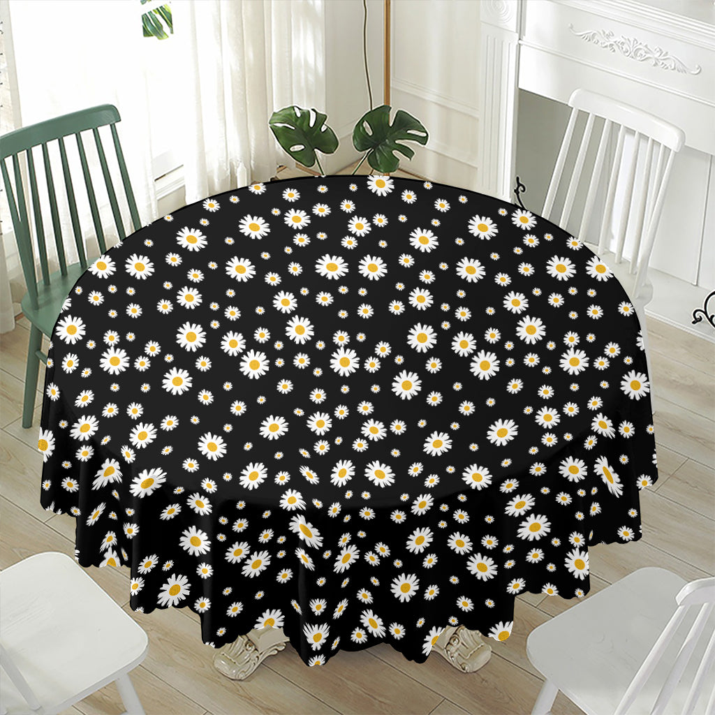 Black Daisy Floral Pattern Print Waterproof Round Tablecloth