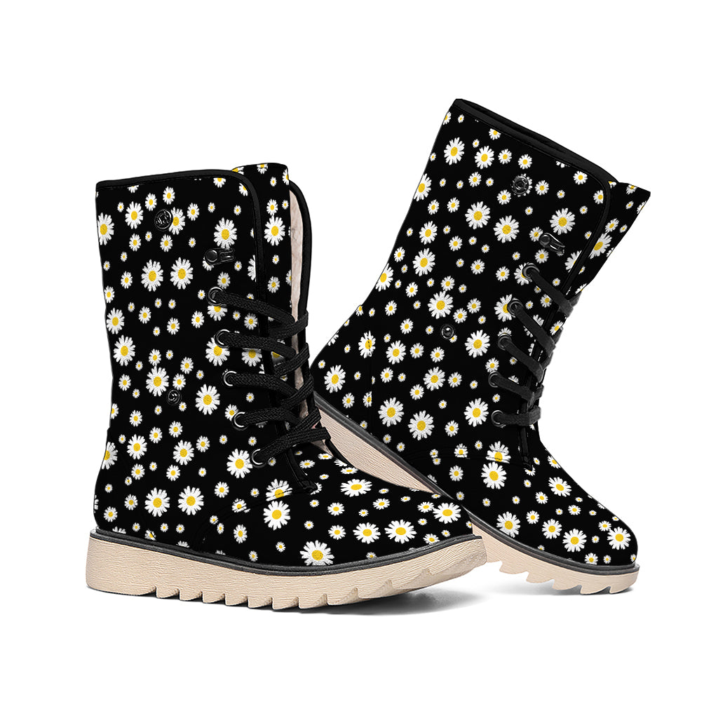 Black Daisy Floral Pattern Print Winter Boots