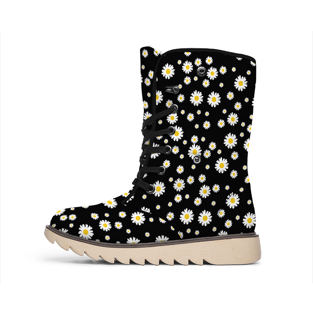 Black Daisy Floral Pattern Print Winter Boots