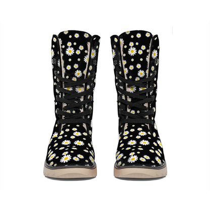 Black Daisy Floral Pattern Print Winter Boots