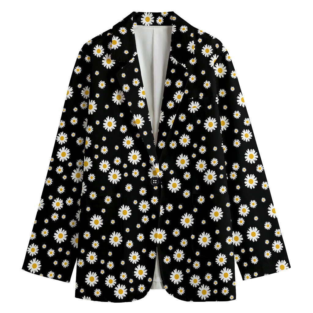 Black Daisy Floral Pattern Print Women's Cotton Blazer