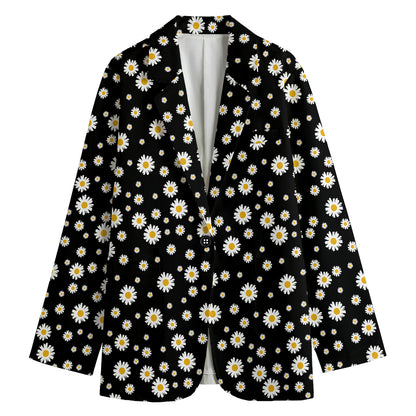 Black Daisy Floral Pattern Print Women's Cotton Blazer