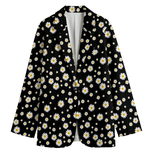 Black Daisy Floral Pattern Print Women's Cotton Blazer