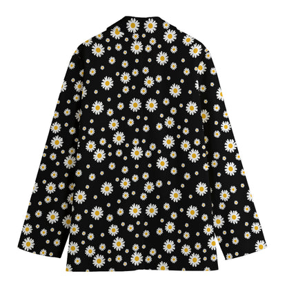 Black Daisy Floral Pattern Print Women's Cotton Blazer