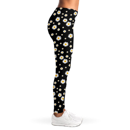 Black Daisy Floral Pattern Print Women's Leggings