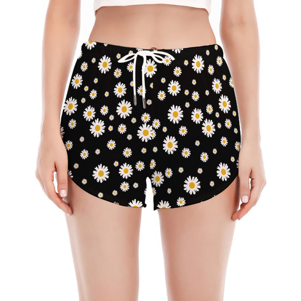 Black Daisy Floral Pattern Print Women's Split Running Shorts