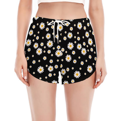 Black Daisy Floral Pattern Print Women's Split Running Shorts