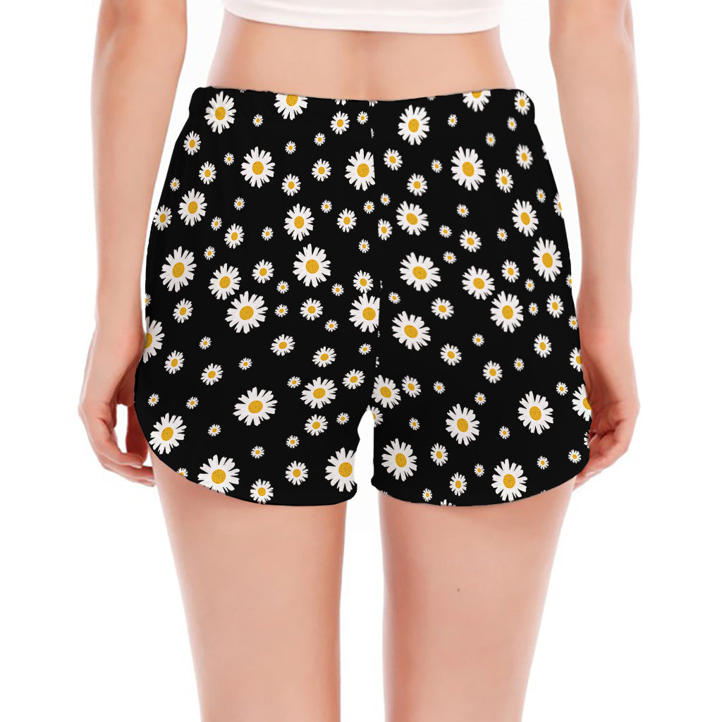 Black Daisy Floral Pattern Print Women's Split Running Shorts