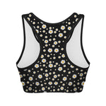 Black Daisy Floral Pattern Print Women's Sports Bra