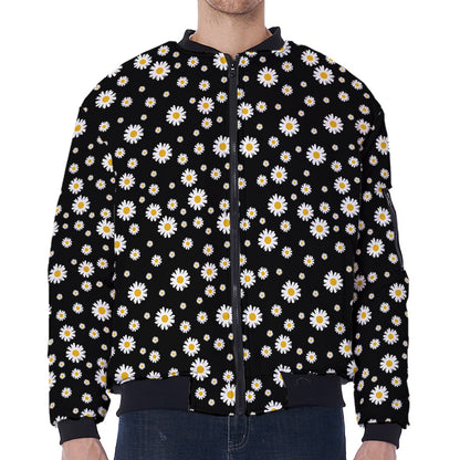Black Daisy Floral Pattern Print Zip Sleeve Bomber Jacket