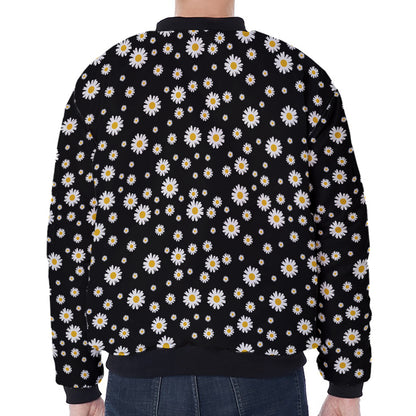 Black Daisy Floral Pattern Print Zip Sleeve Bomber Jacket