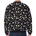 Black Daisy Floral Pattern Print Zip Sleeve Bomber Jacket