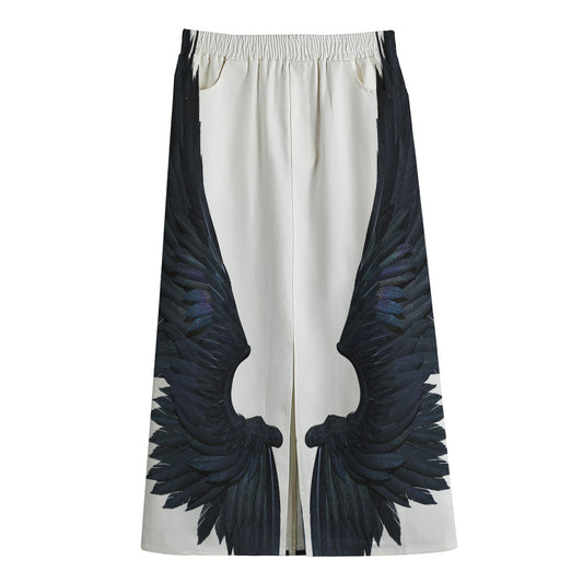Black Demon Wings Print Cotton Front Slit Maxi Skirt