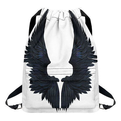 Black Demon Wings Print Drawstring Backpack