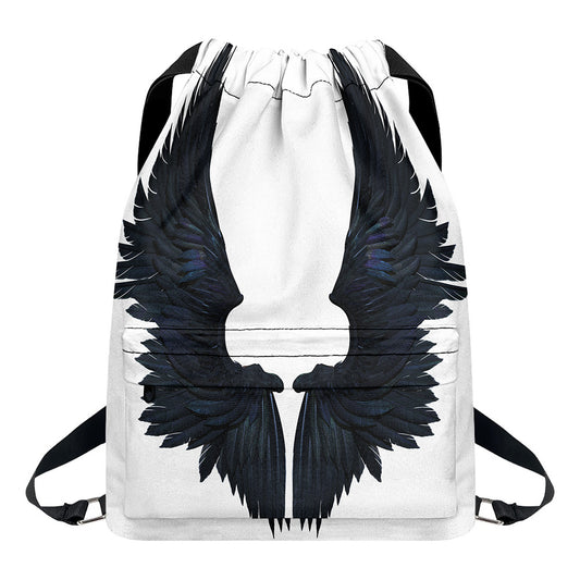 Black Demon Wings Print Drawstring Backpack