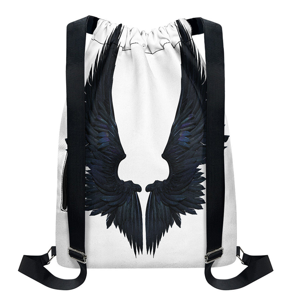 Black Demon Wings Print Drawstring Backpack
