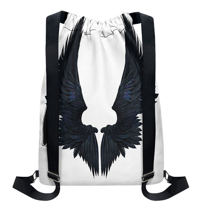 Black Demon Wings Print Drawstring Backpack
