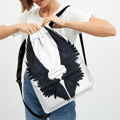 Black Demon Wings Print Drawstring Backpack