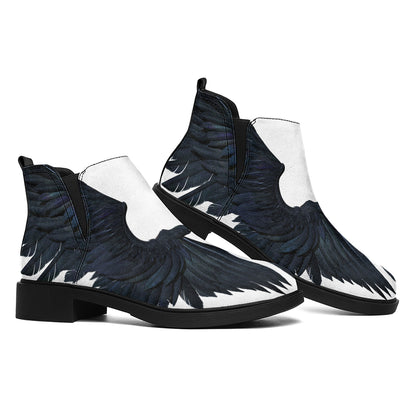 Black Demon Wings Print Flat Ankle Boots