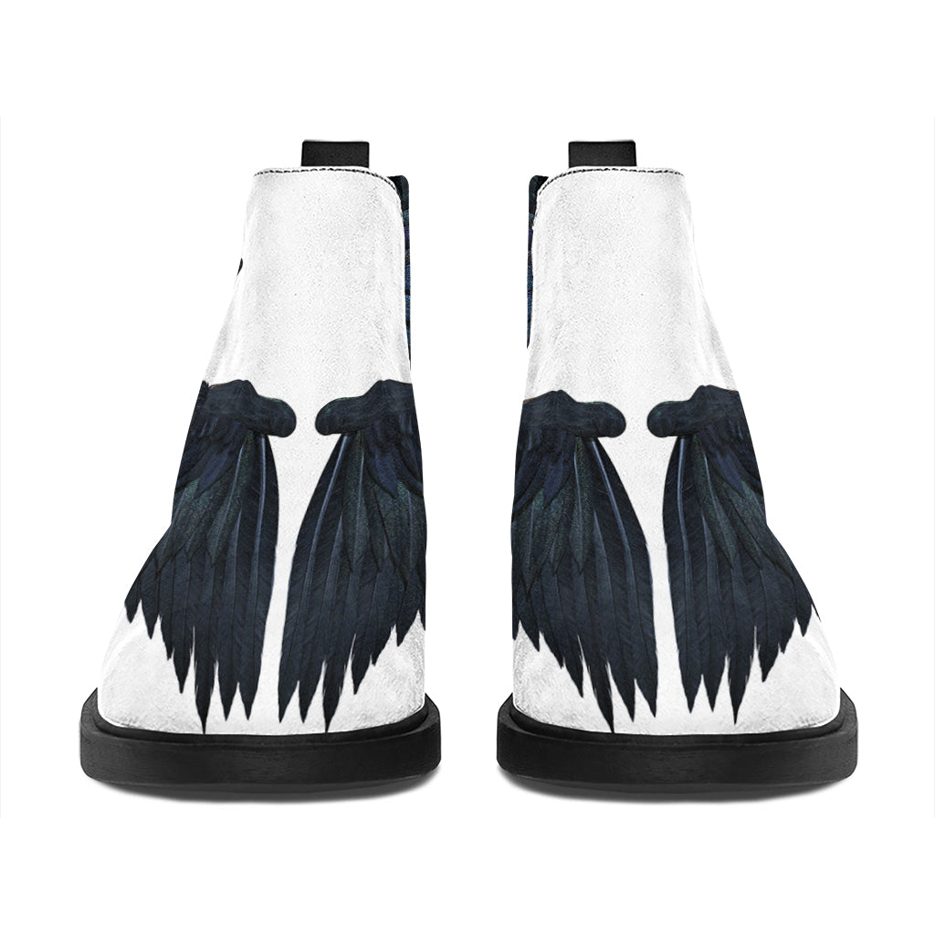 Black Demon Wings Print Flat Ankle Boots