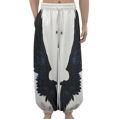 Black Demon Wings Print Lantern Pants