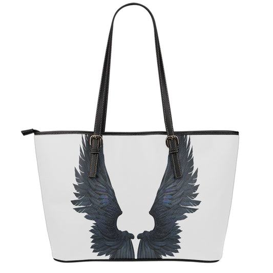 Black Demon Wings Print Leather Tote Bag