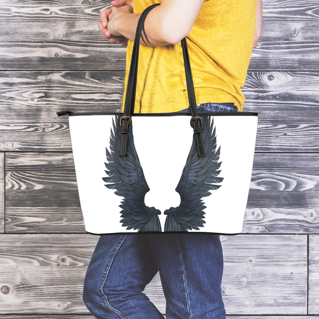Black Demon Wings Print Leather Tote Bag