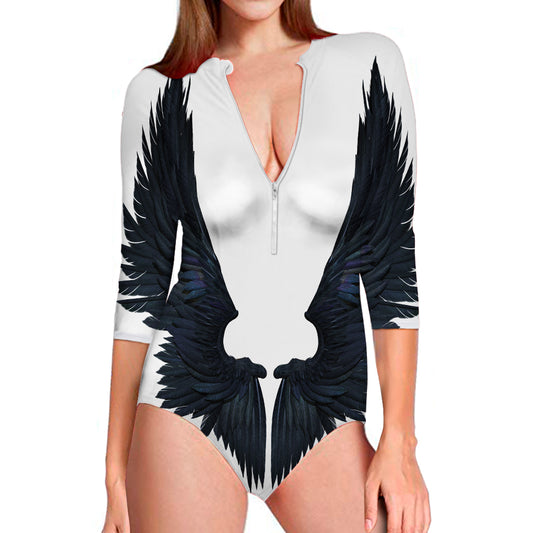 Black Demon Wings Print Long Sleeve Swimsuit
