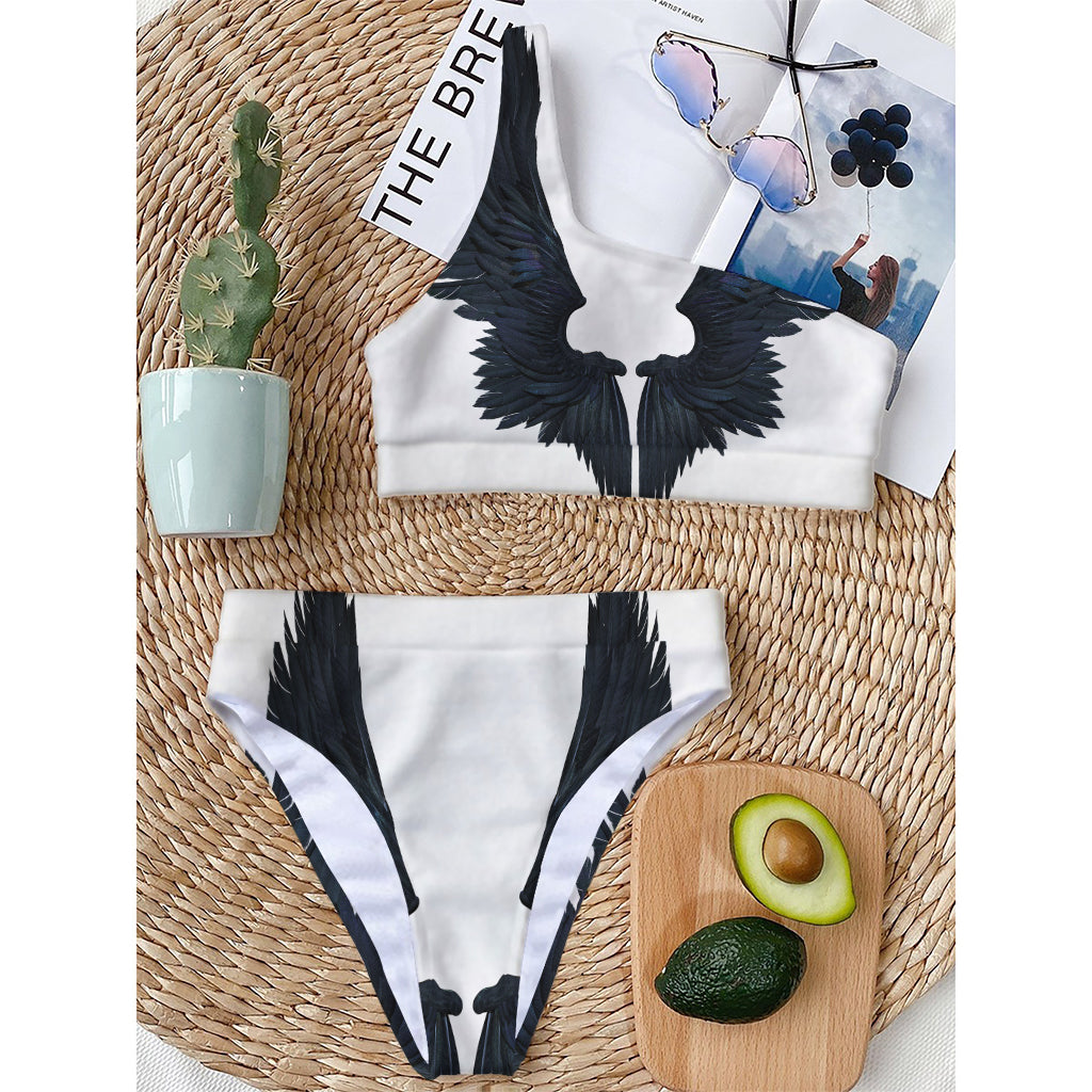 Black Demon Wings Print One Shoulder Bikini Top
