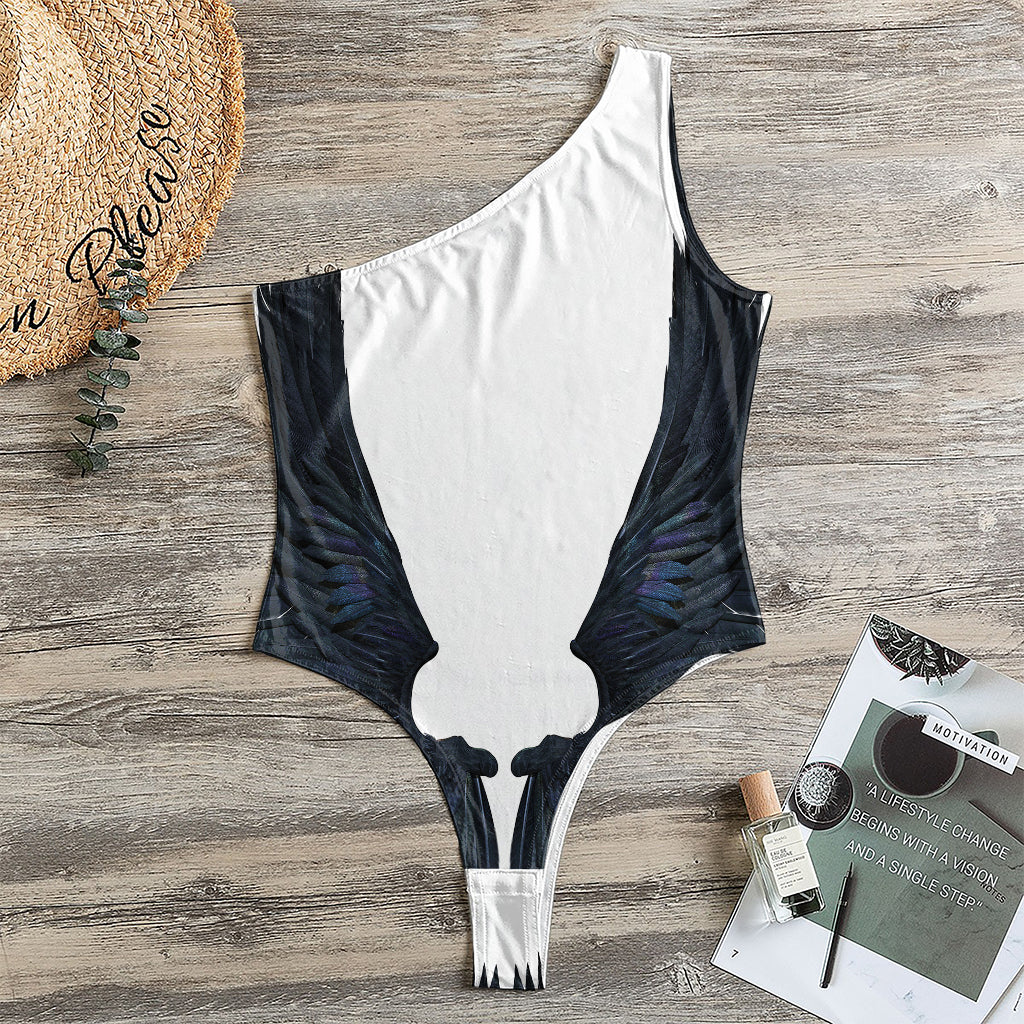 Black Demon Wings Print One Shoulder Bodysuit