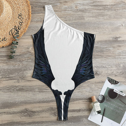 Black Demon Wings Print One Shoulder Bodysuit