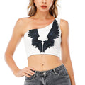 Black Demon Wings Print One Shoulder Crop Top