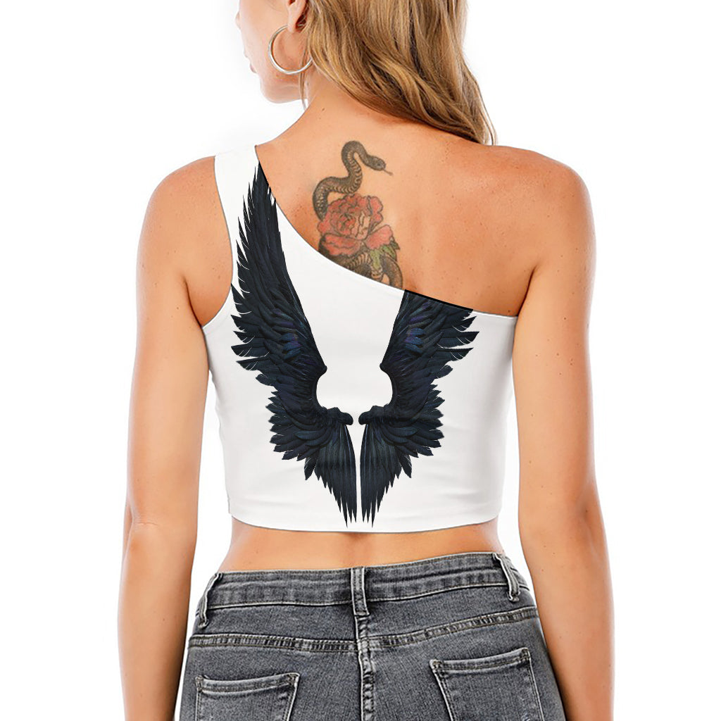 Black Demon Wings Print One Shoulder Crop Top