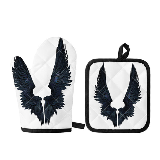 Black Demon Wings Print Oven Mitt And Pot Holder Set