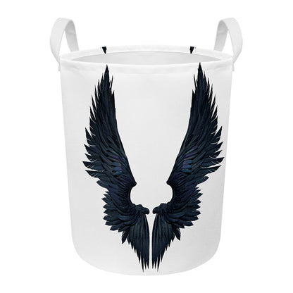 Black Demon Wings Print Round Laundry Basket