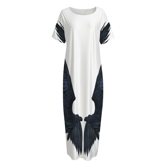 Black Demon Wings Print Short Sleeve Long Nightdress