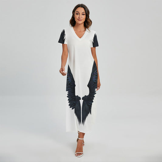 Black Demon Wings Print Short Sleeve Maxi Dress