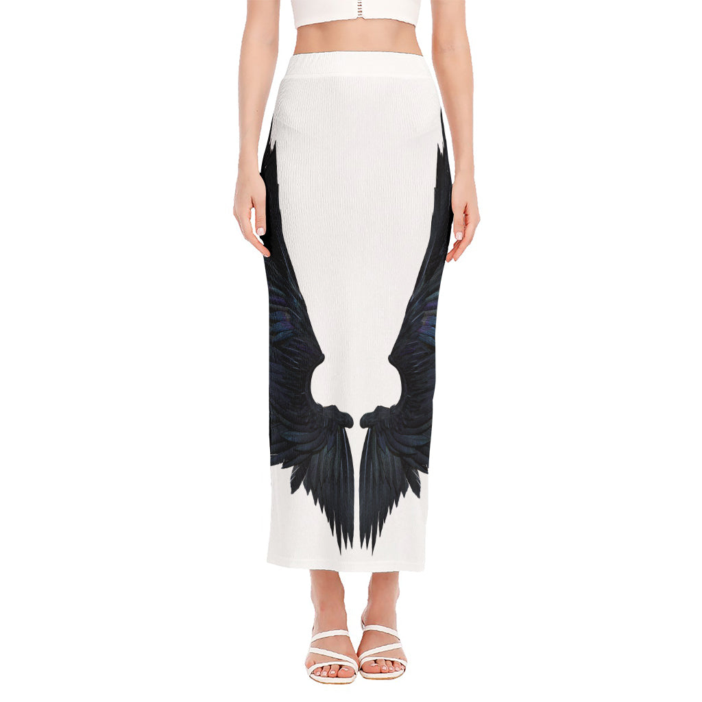 Black Demon Wings Print Side Slit Maxi Skirt