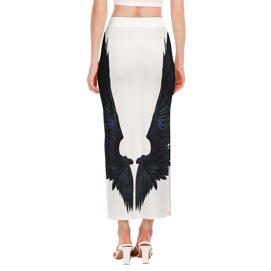 Black Demon Wings Print Side Slit Maxi Skirt