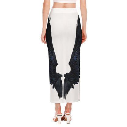 Black Demon Wings Print Side Slit Maxi Skirt